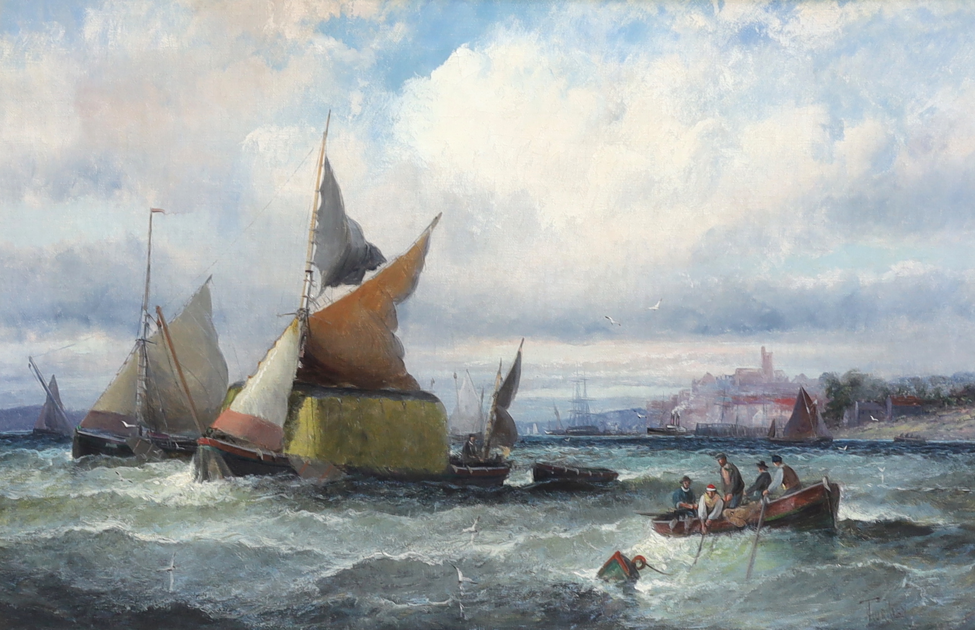 Hubert Thornley (William Anslow Thornley) (fl.1859-1898), Hay barges and other shipping off the coast, oil on canvas, 40 x 60cm